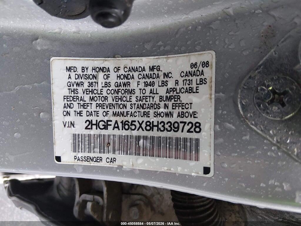 2HGFA165X8H339728 2008 HONDA CIVIC photo no. 9