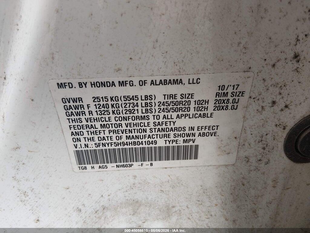 5FNYF5H94HB041049 2017 HONDA PILOT photo no. 9