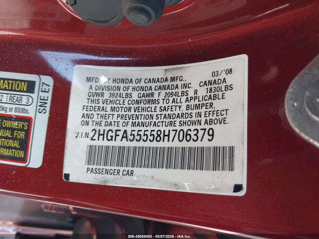 2HGFA55558H706379 2008 HONDA CIVIC photo no. 9
