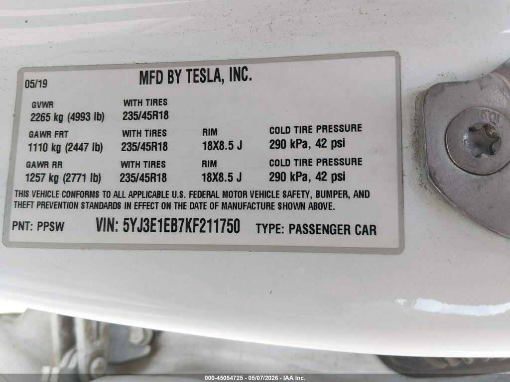 5YJ3E1EB7KF211750 2019 TESLA MODEL 3 photo no. 9