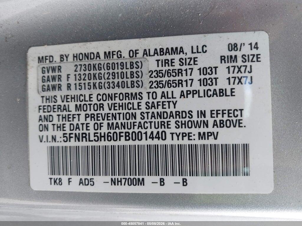 5FNRL5H60FB001440 2015 HONDA ODYSSEY photo no. 9