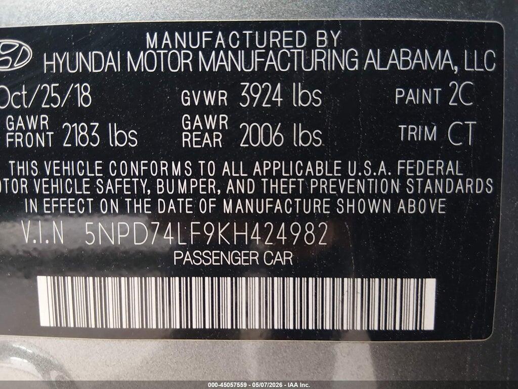 5NPD74LF9KH424982 2019 HYUNDAI ELANTRA photo no. 9