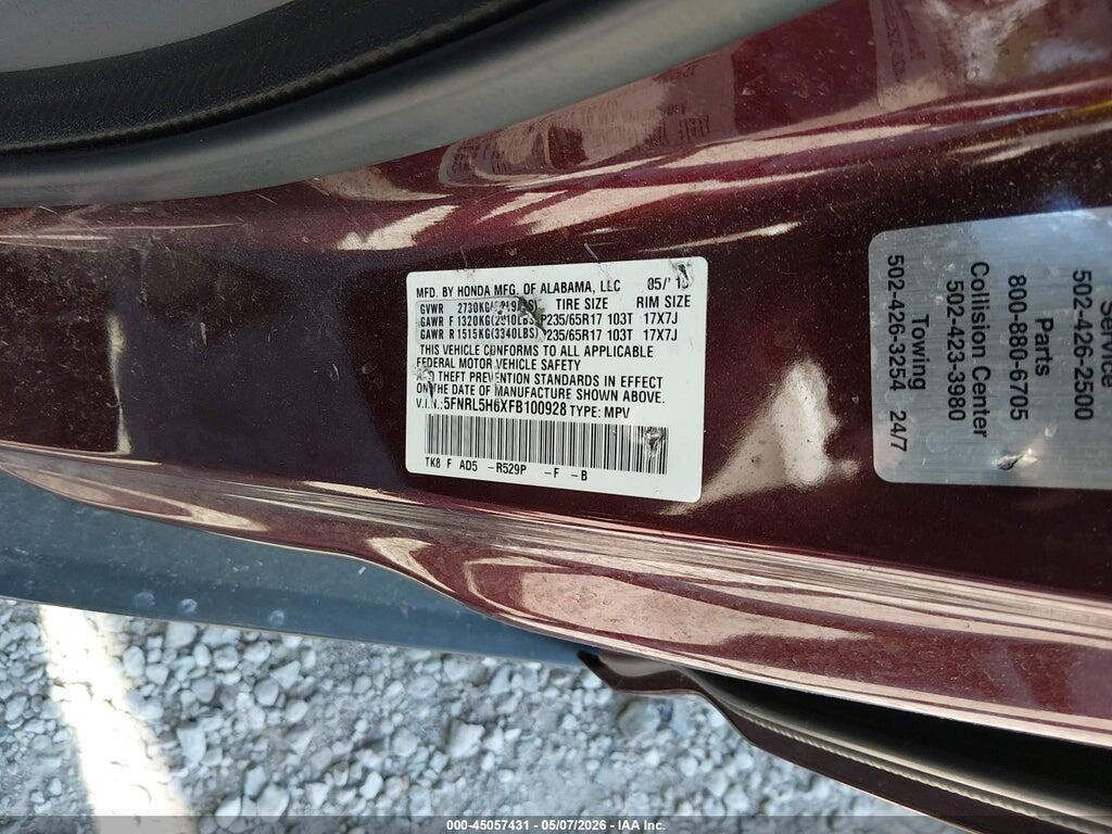 5FNRL5H6XFB100928 2015 HONDA ODYSSEY photo no. 9