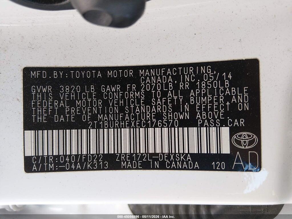 2T1BURHEXEC176570 2014 TOYOTA COROLLA photo no. 9