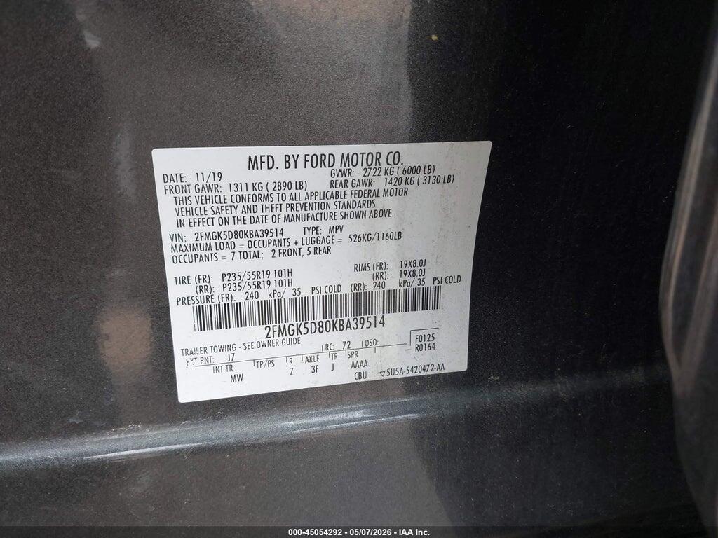 2FMGK5D80KBA39514 2019 FORD FLEX photo no. 9