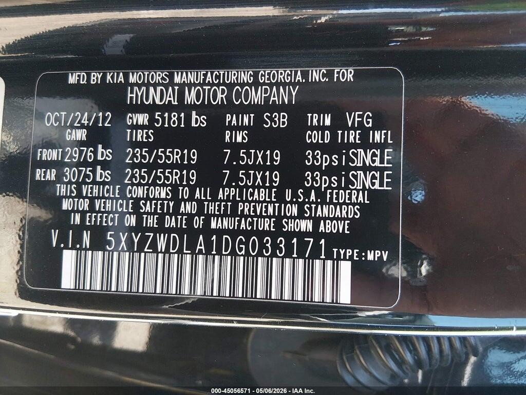 5XYZWDLA1DG033171 2013 HYUNDAI SANTA FE photo no. 9