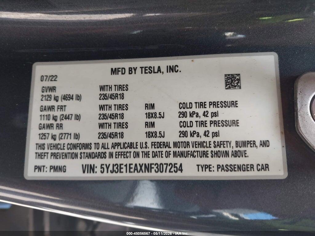 5YJ3E1EAXNF307254 2022 TESLA MODEL 3 photo no. 9
