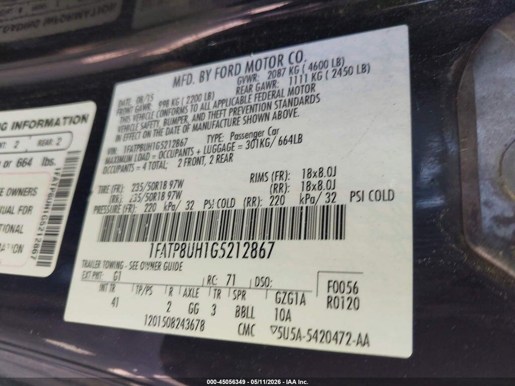 1FATP8UH1G5212867 2016 FORD MUSTANG photo no. 9