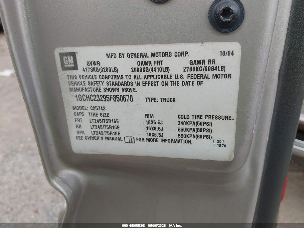 1GCHC23295F850670 2005 CHEVROLET SILVERADO 2500HD photo no. 9