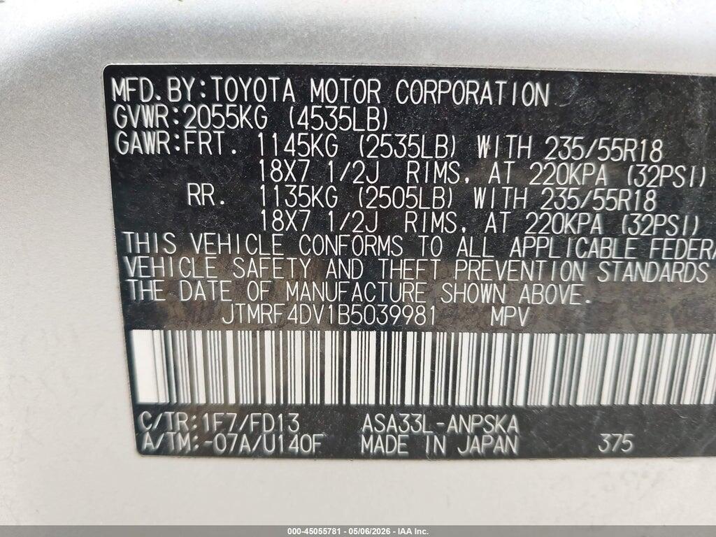 JTMRF4DV1B5039981 2011 TOYOTA RAV4 photo no. 9