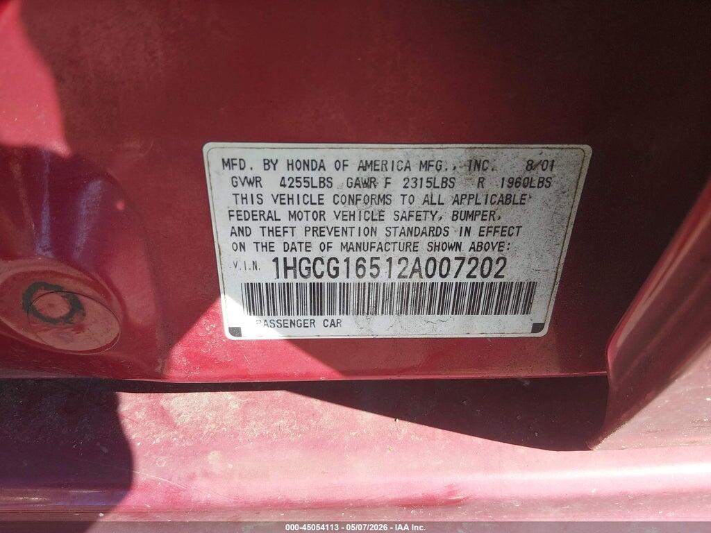1HGCG16512A007202 2002 HONDA ACCORD photo no. 9