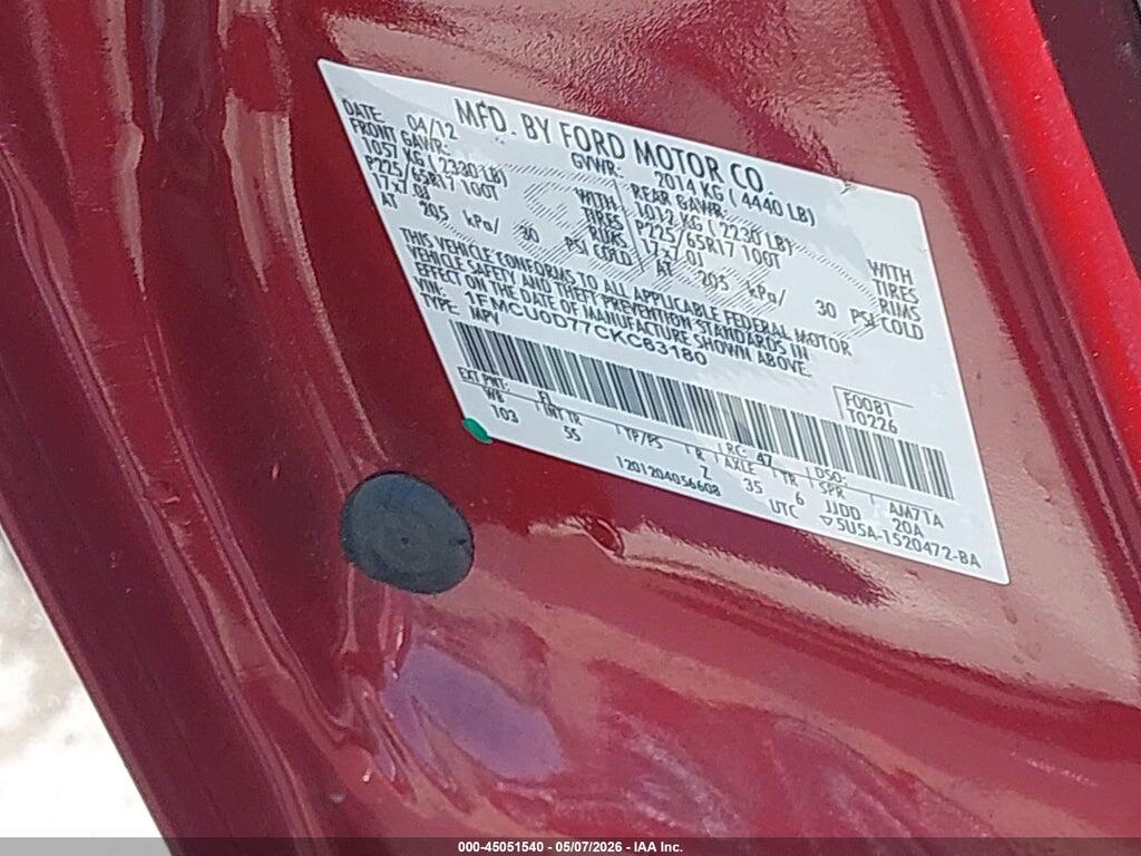 1FMCU0D77CKC63180 2012 FORD ESCAPE photo no. 9