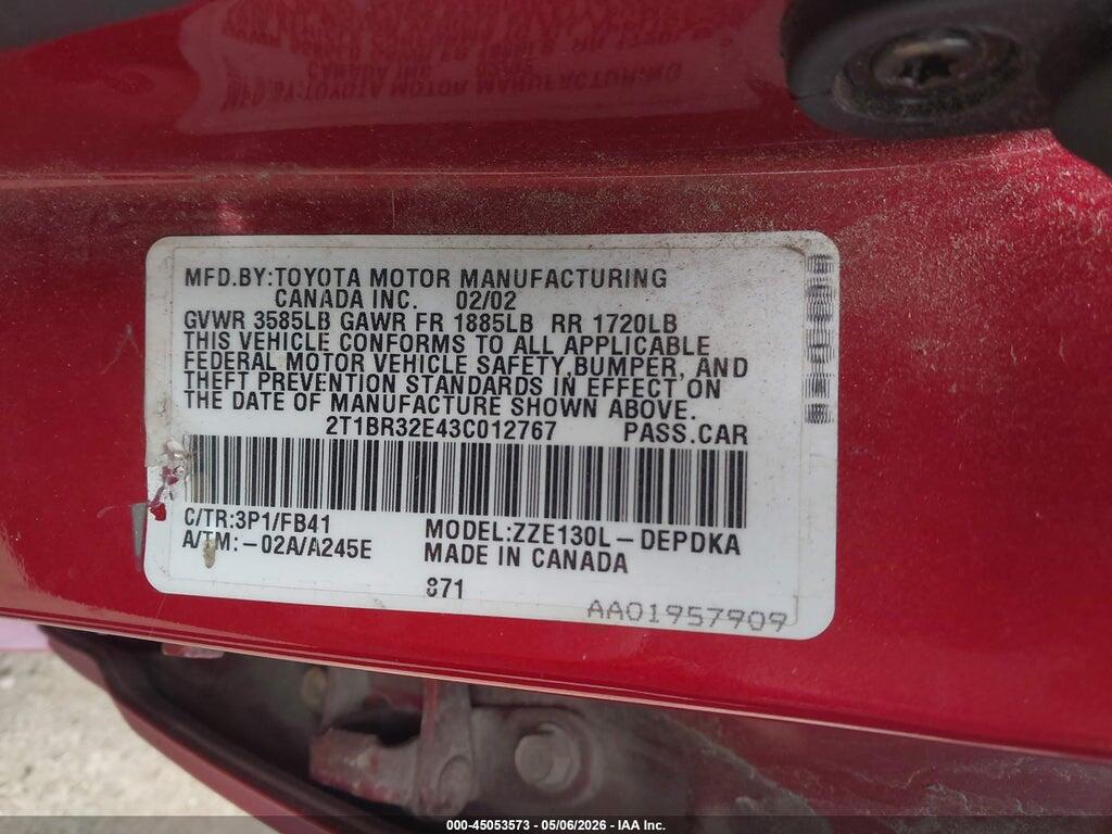 2T1BR32E43C012767 2003 TOYOTA COROLLA photo no. 9