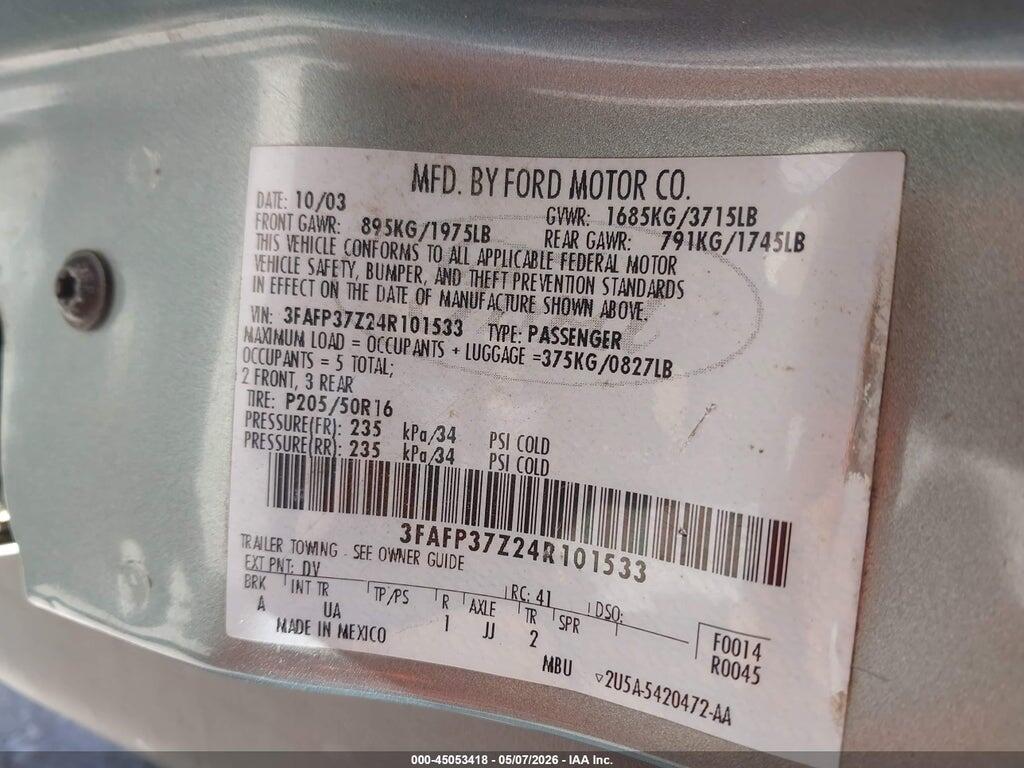 3FAFP37Z24R101533 2004 FORD FOCUS photo no. 9