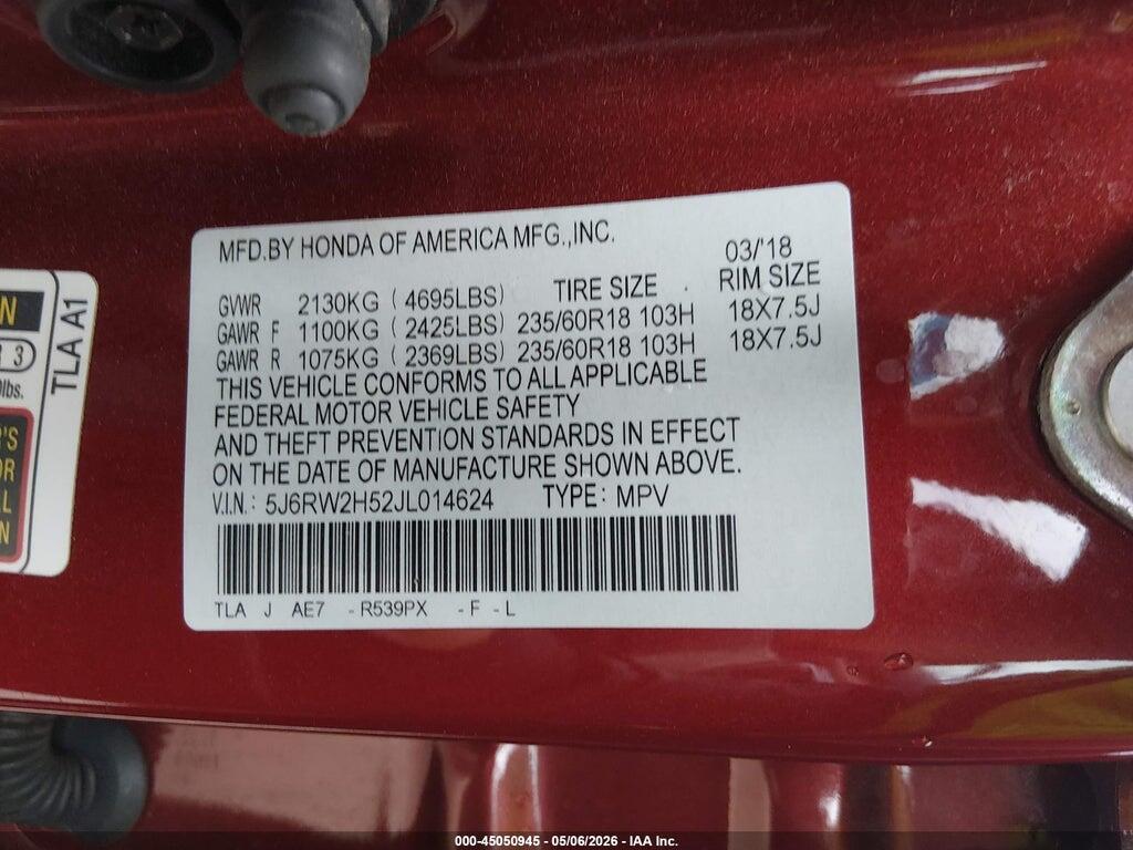 5J6RW2H52JL014624 2018 HONDA CR-V photo no. 9
