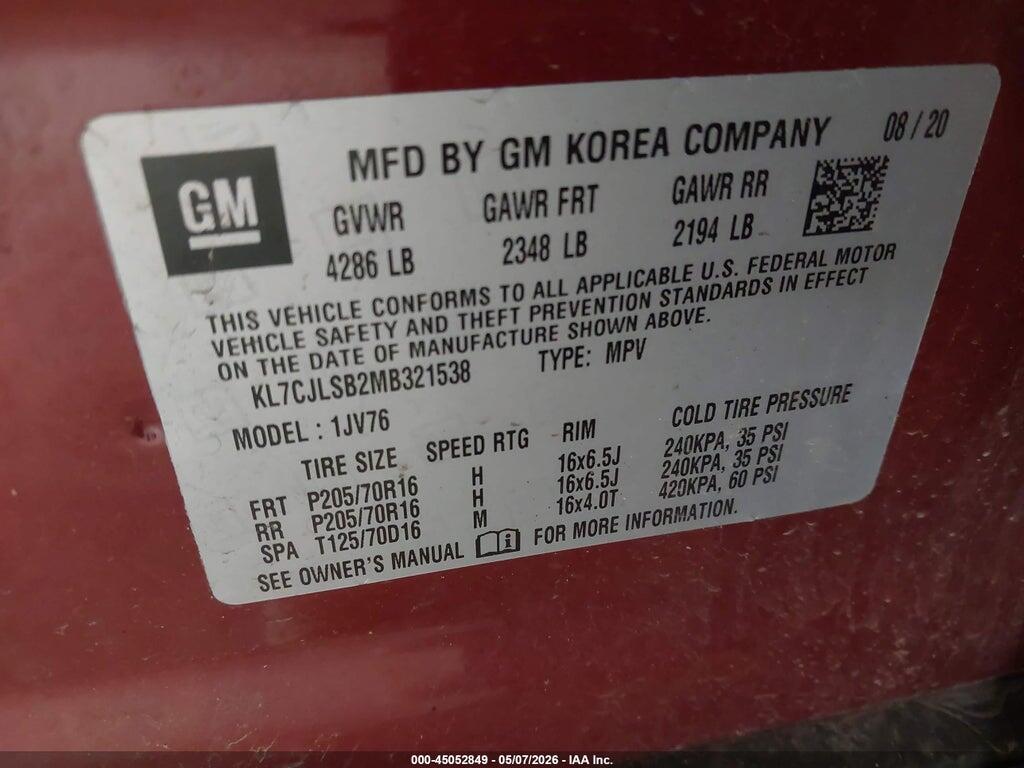 KL7CJLSB2MB321538 2021 CHEVROLET TRAX photo no. 9