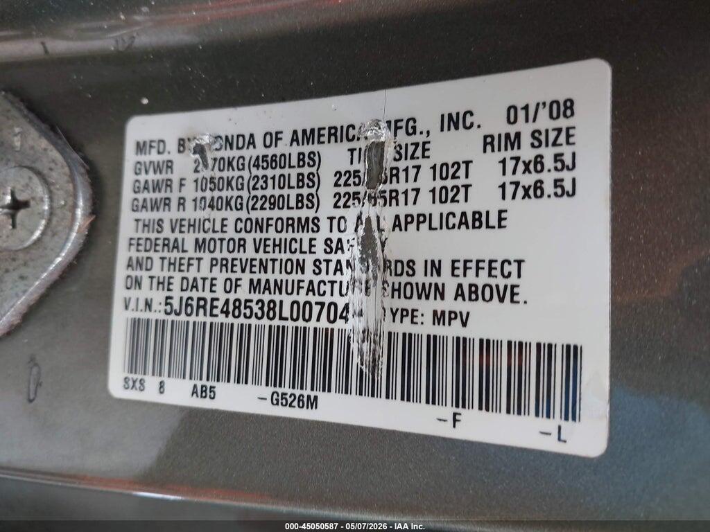 5J6RE48538L007044 2008 HONDA CR-V photo no. 9