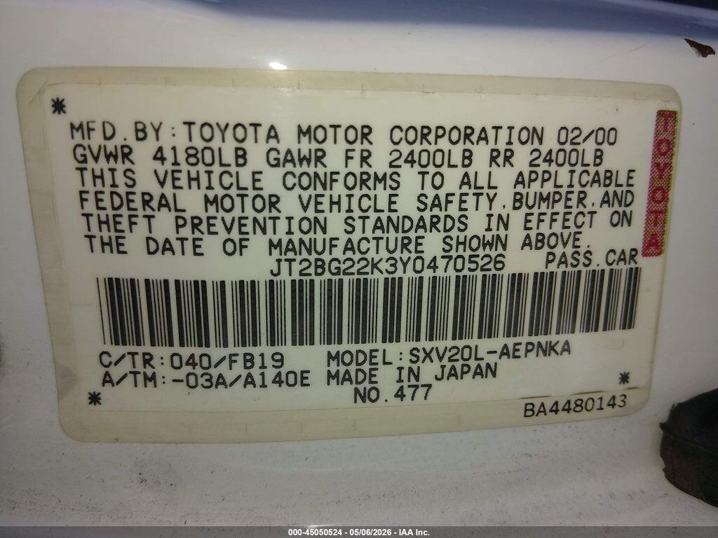 JT2BG22K3Y0470526 2000 TOYOTA CAMRY photo no. 9