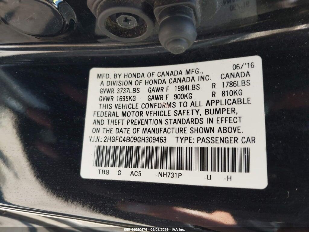 2HGFC4B09GH309463 2016 HONDA CIVIC photo no. 9