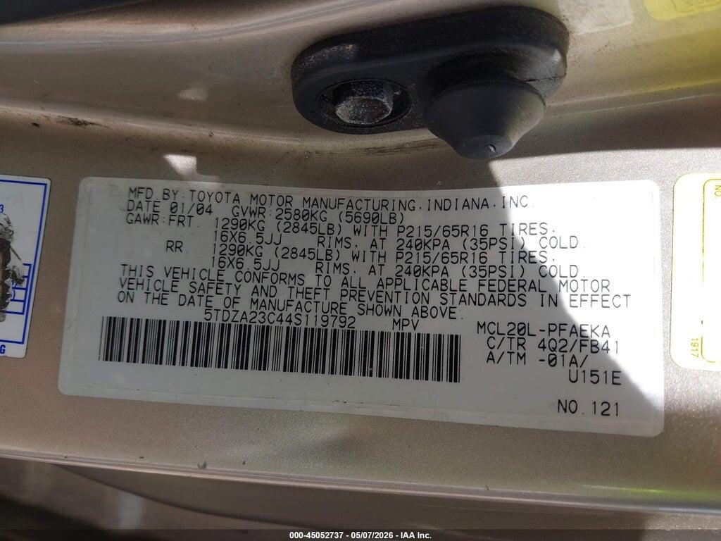 5TDZA23C44S119792 2004 TOYOTA SIENNA photo no. 9