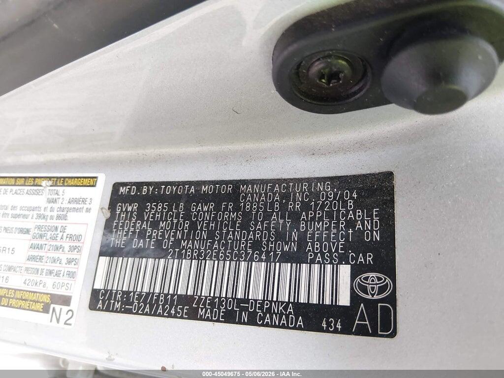 2T1BR32E65C376417 2005 TOYOTA COROLLA photo no. 9