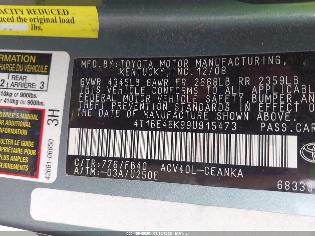 4T1BE46K99U915473 2009 TOYOTA CAMRY photo no. 9
