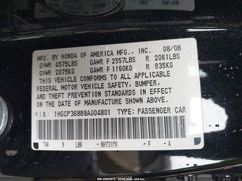 1HGCP36889A004801 2009 HONDA ACCORD photo no. 9