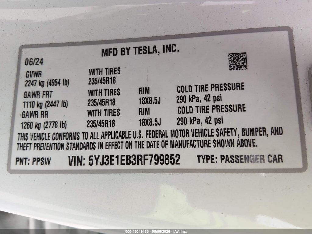 5YJ3E1EB3RF799852 2024 TESLA MODEL 3 photo no. 9