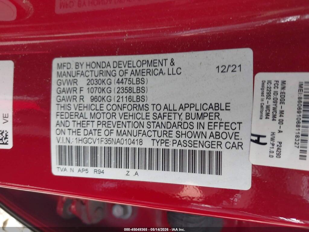 1HGCV1F35NA010418 2022 HONDA ACCORD photo no. 9