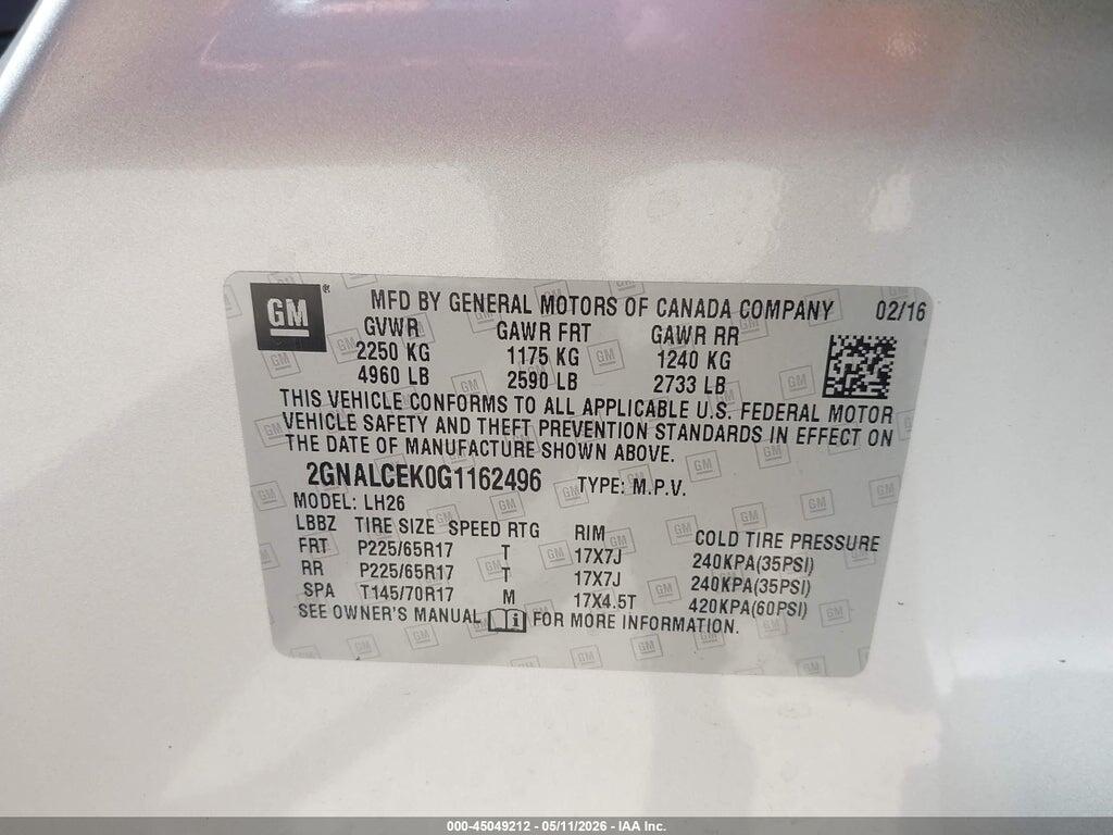 2GNALCEK0G1162496 2016 CHEVROLET EQUINOX photo no. 9