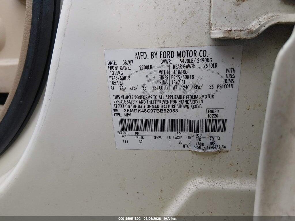 2FMDK48C97BB62053 2007 FORD EDGE photo no. 9