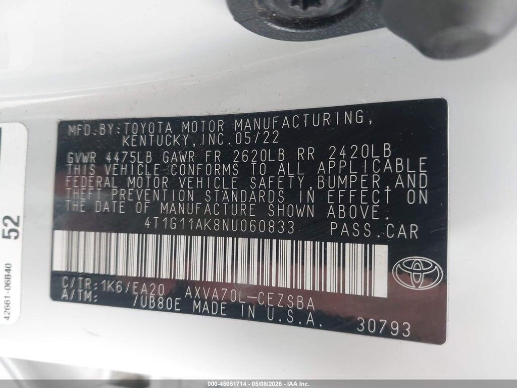 4T1G11AK8NU060833 2022 TOYOTA CAMRY photo no. 9