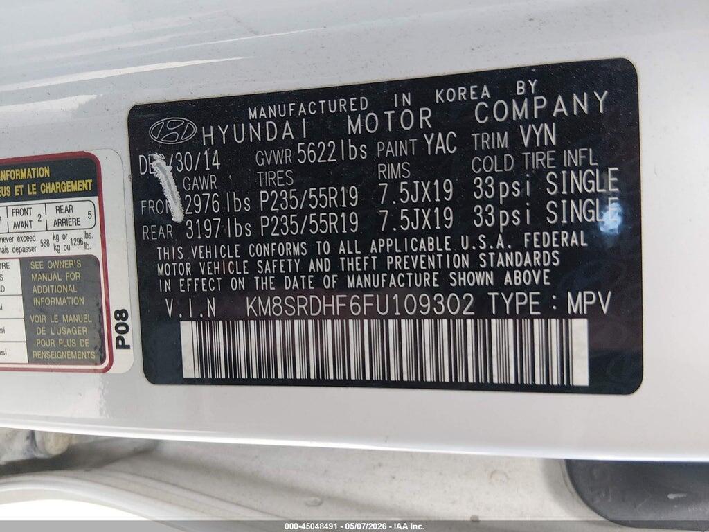 KM8SRDHF6FU109302 2015 HYUNDAI SANTA FE photo no. 9