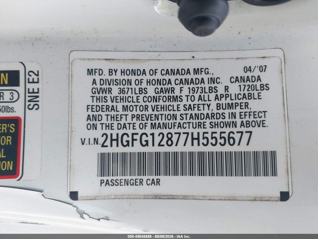 2HGFG12877H555677 2007 HONDA CIVIC photo no. 9