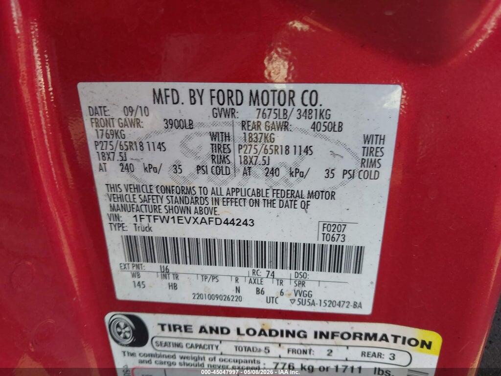 1FTFW1EVXAFD44243 2010 FORD F-150 photo no. 9