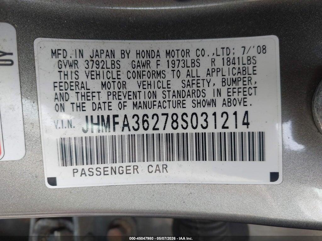 JHMFA36278S031214 2008 HONDA CIVIC HYBRID photo no. 9