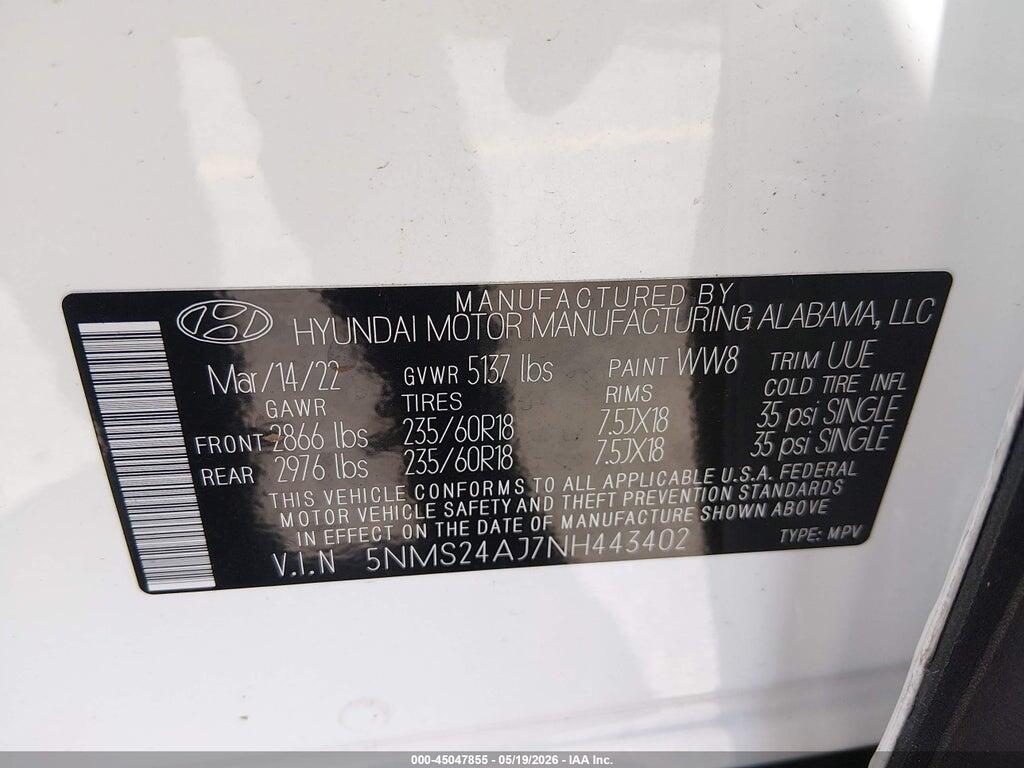 5NMS24AJ7NH443402 2022 HYUNDAI SANTA FE photo no. 9