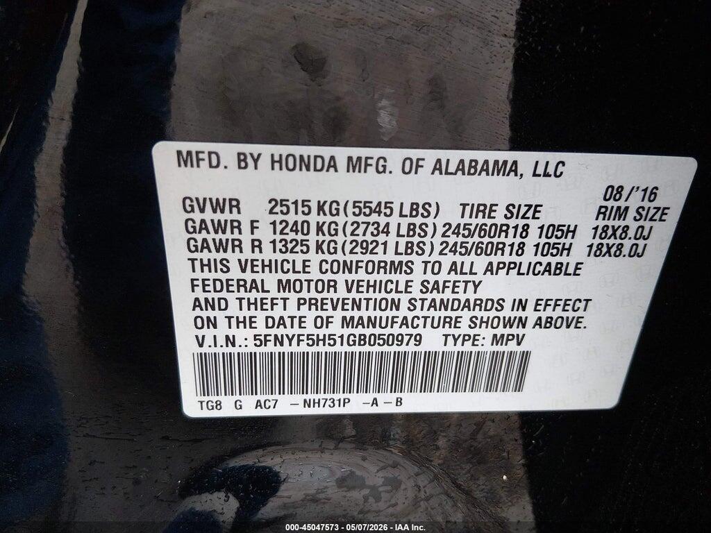 5FNYF5H51GB050979 2016 HONDA PILOT photo no. 9