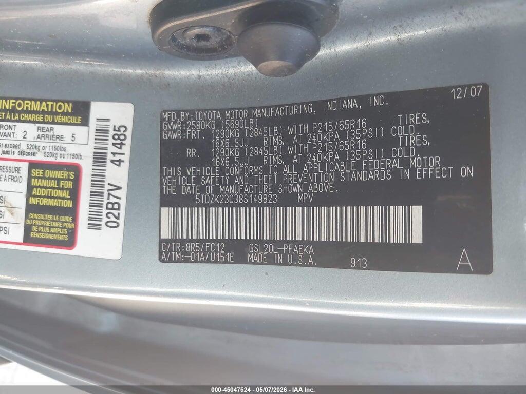 5TDZK23C38S149823 2008 TOYOTA SIENNA photo no. 9
