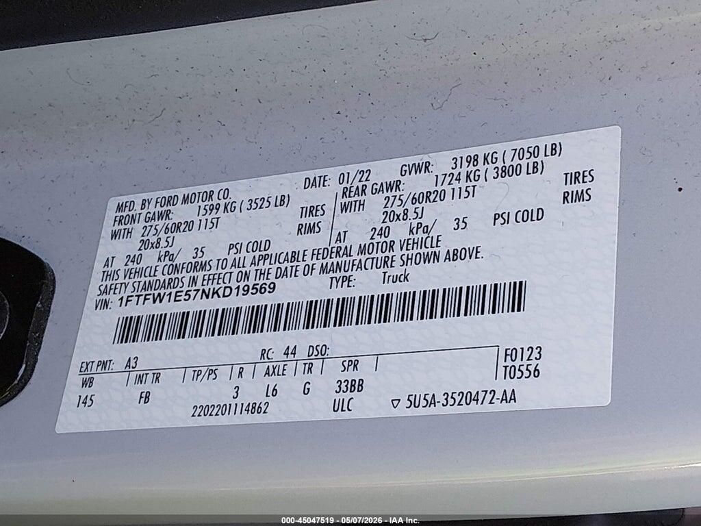 1FTFW1E57NKD19569 2022 FORD F-150 photo no. 9