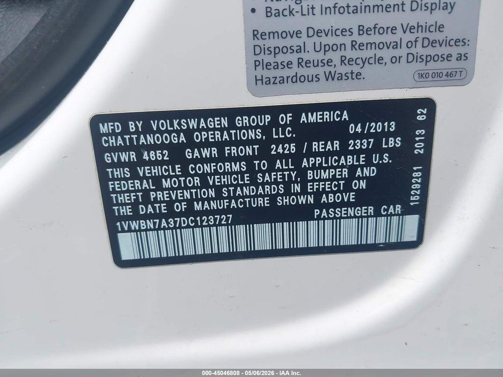 1VWBN7A37DC123727 2013 VOLKSWAGEN PASSAT photo no. 9