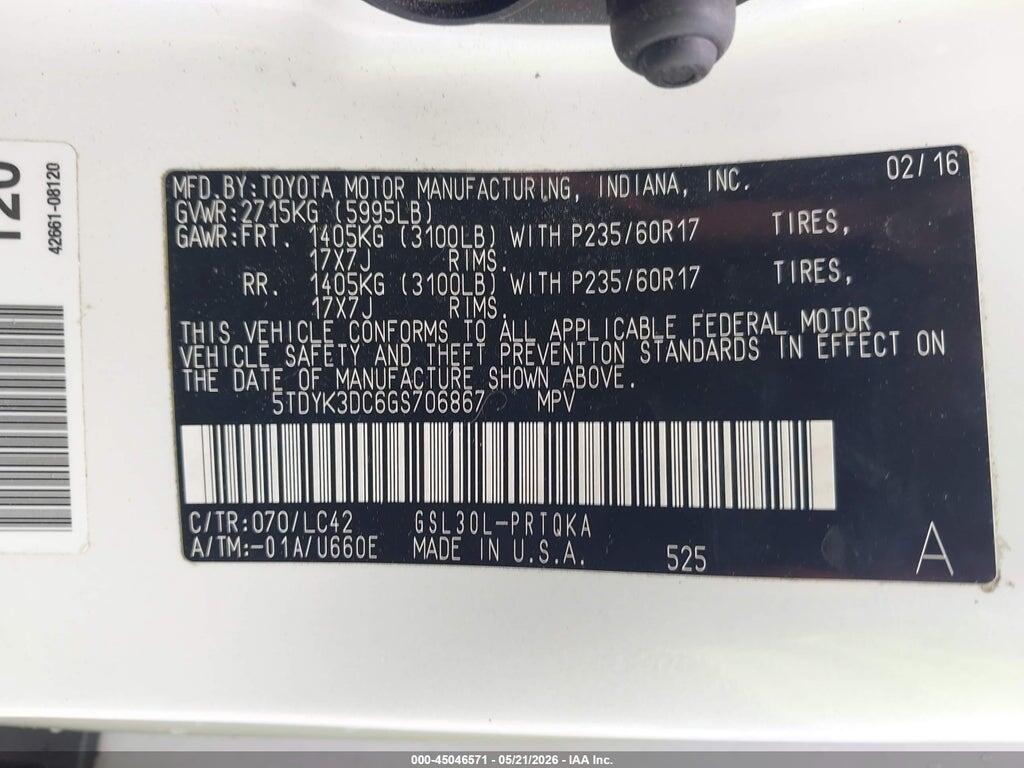 5TDYK3DC6GS706867 2016 TOYOTA SIENNA photo no. 9