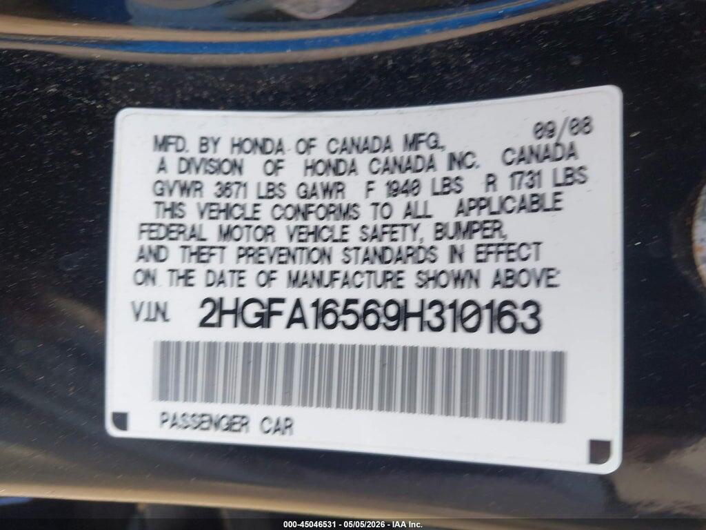 2HGFA16569H310163 2009 HONDA CIVIC photo no. 9