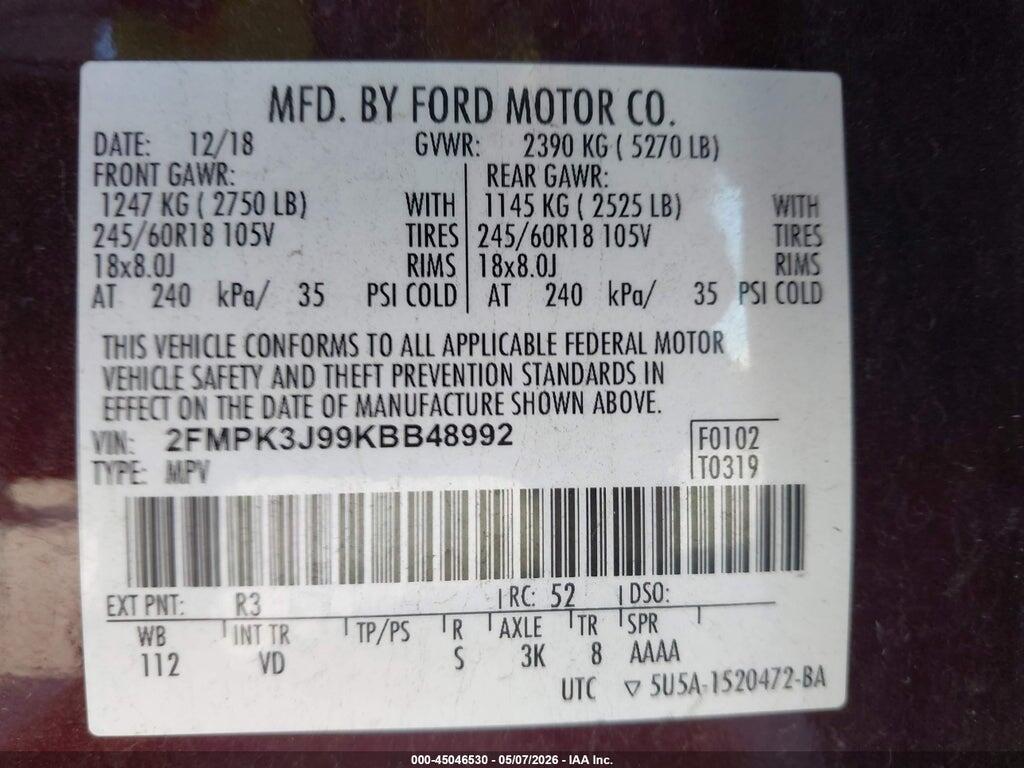 2FMPK3J99KBB48992 2019 FORD EDGE photo no. 9