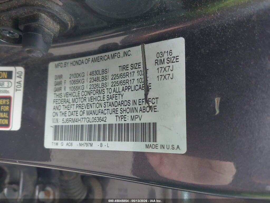 5J6RM4H77GL053642 2016 HONDA CR-V photo no. 9