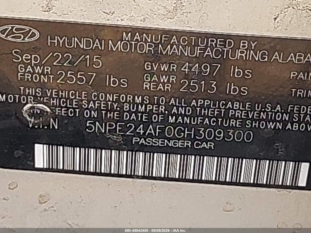 5NPE24AF0GH309300 2016 HYUNDAI SONATA photo no. 9