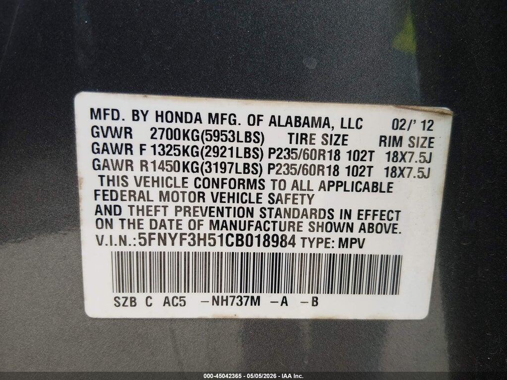 5FNYF3H51CB018984 2012 HONDA PILOT photo no. 9