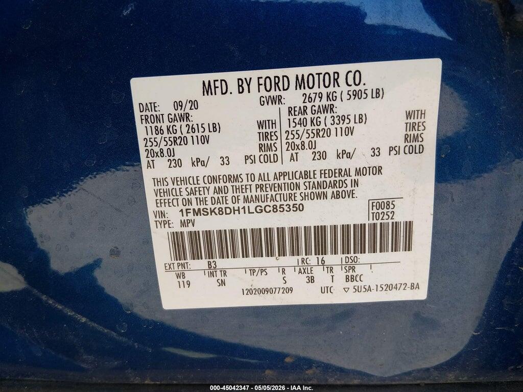 1FMSK8DH1LGC85350 2020 FORD EXPLORER photo no. 9