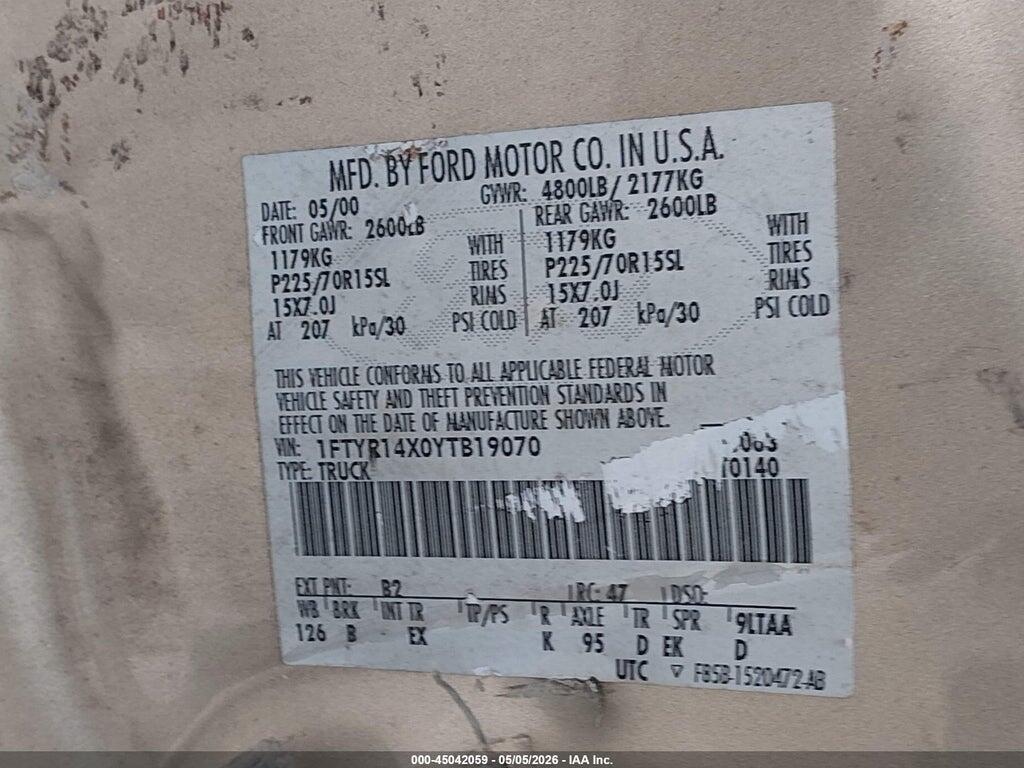 1FTYR14X0YTB19070 2000 FORD RANGER photo no. 9