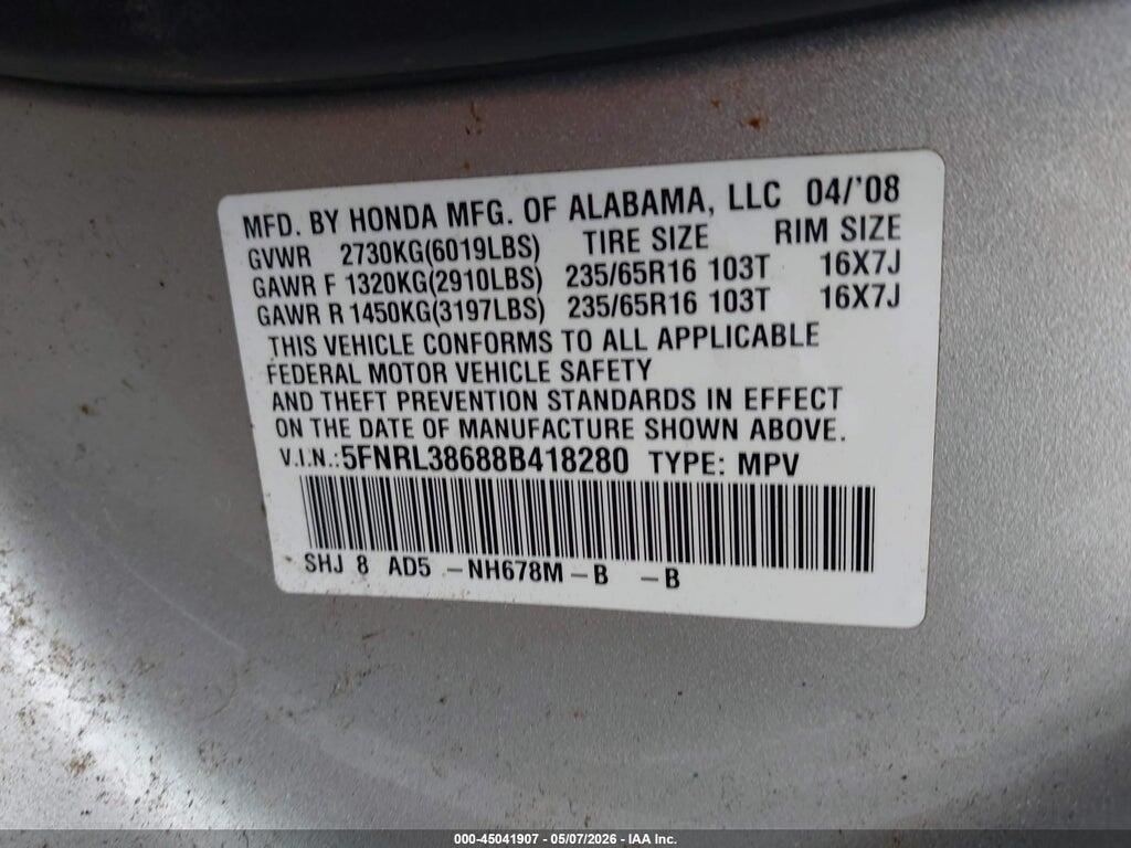 5FNRL38688B418280 2008 HONDA ODYSSEY photo no. 9